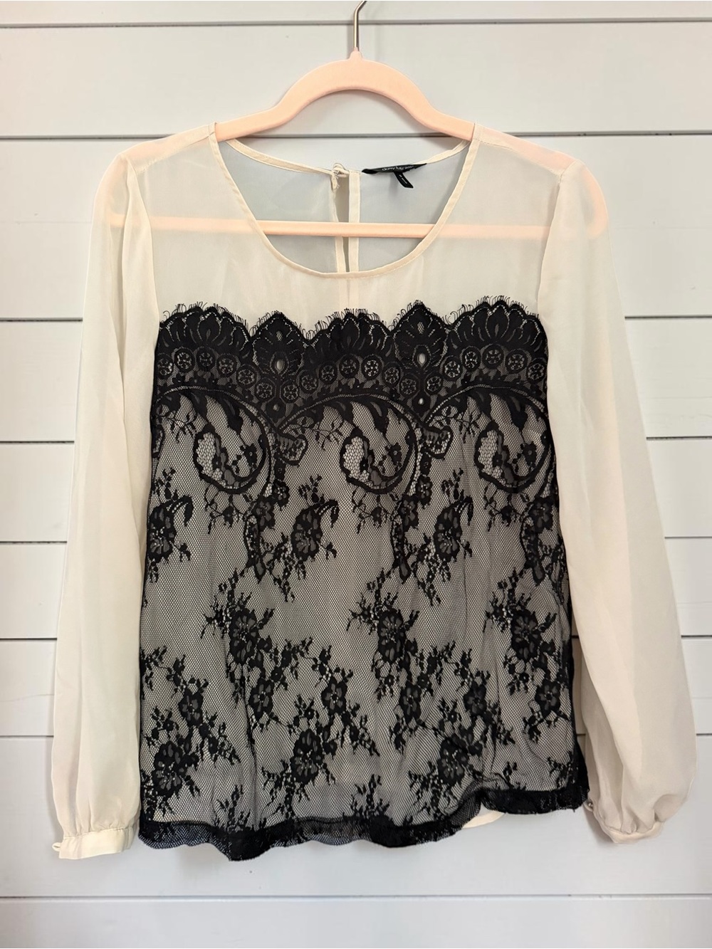 Daisy Fuentes Cream Black Lace Overlay Sheer Chiffon Blouse Long Sleeve Small